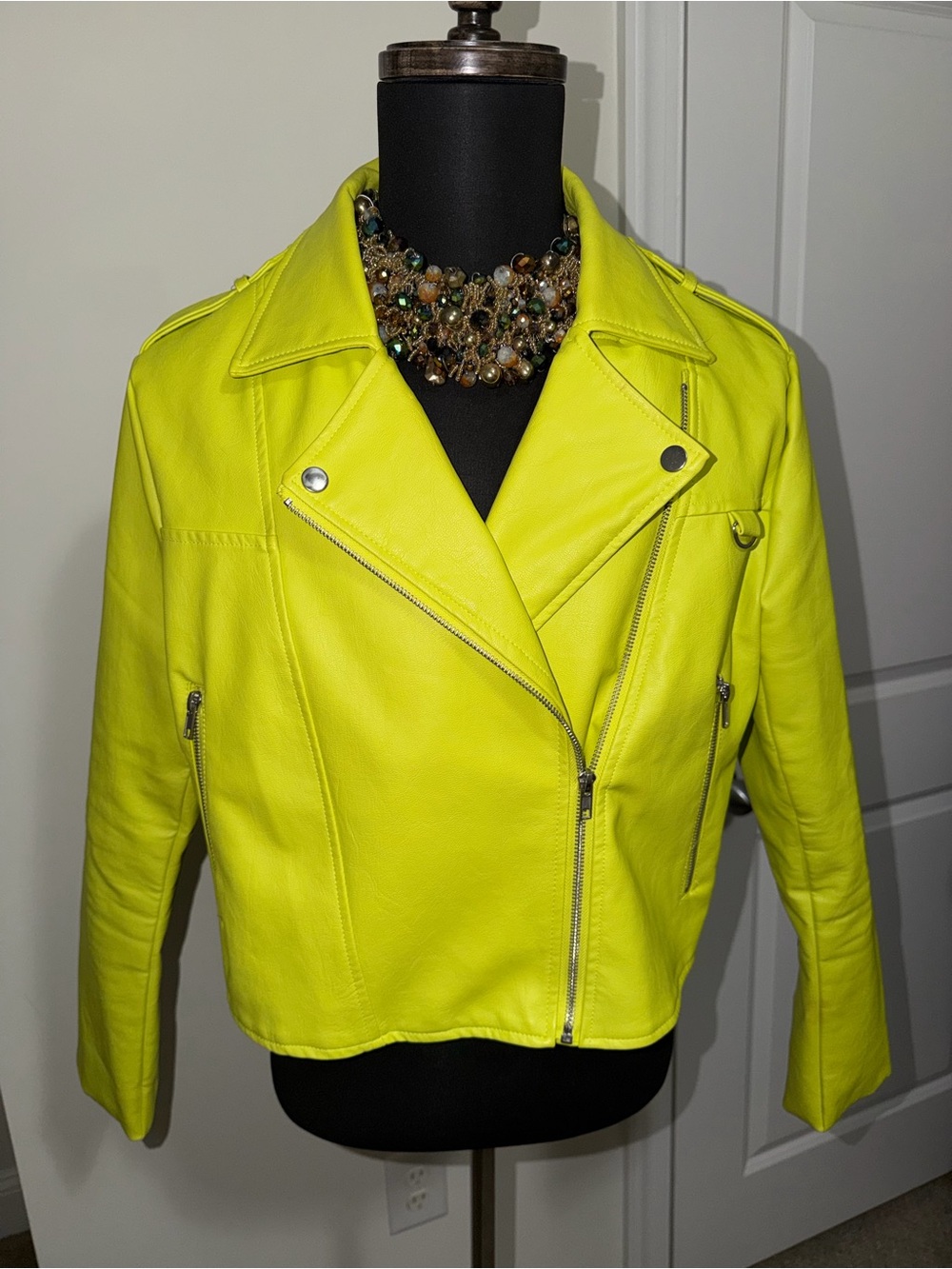 Missguided Neon Yellow Cropped Leather Moto Jacket